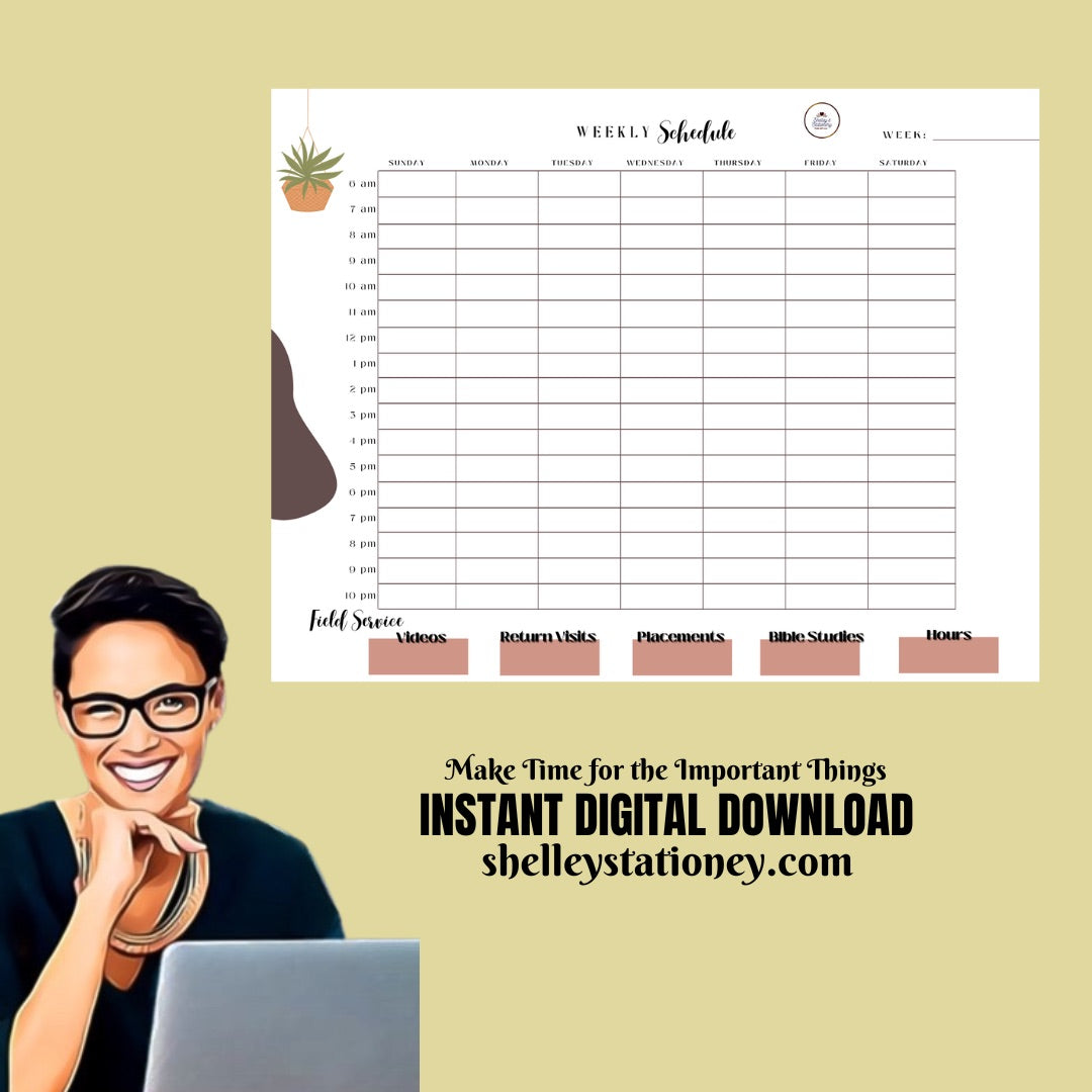 Timed Weekly Ministry Schedule/Weekly Planner/Instant Download